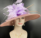 Blush Pink Sinamay Kentucky Derby Hat: Lavender Feather Flower Wide Brim
