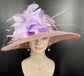 Blush Pink Sinamay Kentucky Derby Hat: Lavender Feather Flower Wide Brim