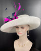 White, Navy, & Fuchsia Feather Flower Wide Brim Sinamay Hat For Kentucky Derby, Ascot Royal, Mother of The Bride, Church, Tea Garden Party