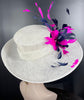 White, Navy, & Fuchsia Feather Flower Wide Brim Sinamay Hat For Kentucky Derby, Ascot Royal, Mother of The Bride, Church, Tea Garden Party