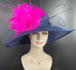 Navy Blue w Fuchsia Pink Wide Brim Sinamay Hat Church Kentucky Derby Hat Carriage Tea Party Wedding Feather Flower and Ostrich Quills