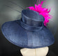 Navy Blue w Fuchsia Pink Wide Brim Sinamay Hat Church Kentucky Derby Hat Carriage Tea Party Wedding Feather Flower and Ostrich Quills