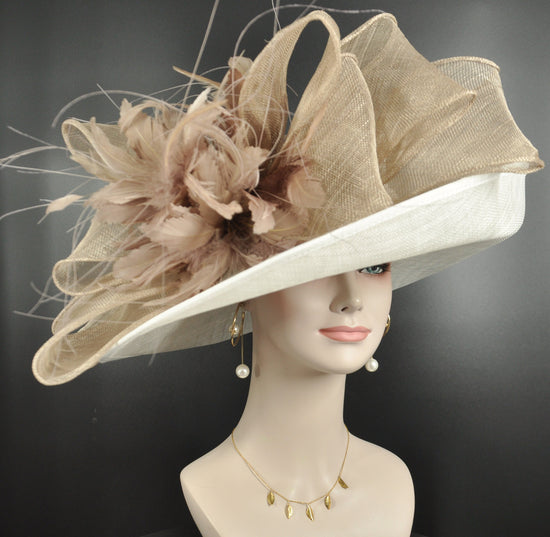 Wide Brim Sinamay Derby Hat: White & Taupe Feather Church Hat