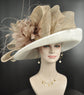 Wide Brim Sinamay Derby Hat: White & Taupe Feather Church Hat