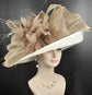 Wide Brim Sinamay Derby Hat: White & Taupe Feather Church Hat