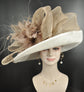 Wide Brim Sinamay Derby Hat: White & Taupe Feather Church Hat