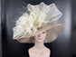 Wide Brim Sinamay Derby Hat: Taupe & Ivory Feather Church Hat