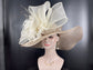 Wide Brim Sinamay Derby Hat: Taupe & Ivory Feather Church Hat