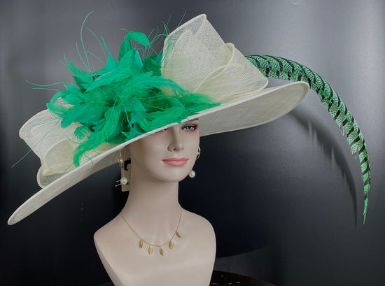 Wide Brim Derby Hat: Ivory Sinamay with Green Feathers