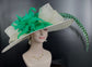 Wide Brim Kentucky Derby Hat: Ivory Sinamay with Green Feathers