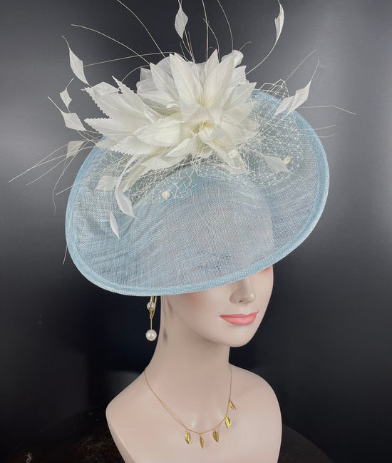 Powder Blue Sinamay Fascinator Hat: Ivory Goose Feather Flower