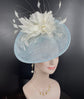 Powder Blue Sinamay Fascinator Hat: Ivory Goose Feather Flower