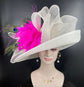 Wide Brim Sinamay Derby Hat: White, Fuchsia Feather Ascot Hat
