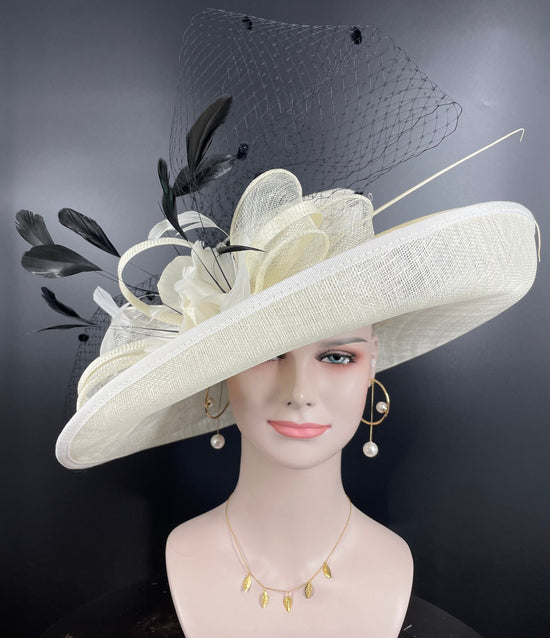 Ivory Derby Hat, Wide Brim Sinamay Church Hat