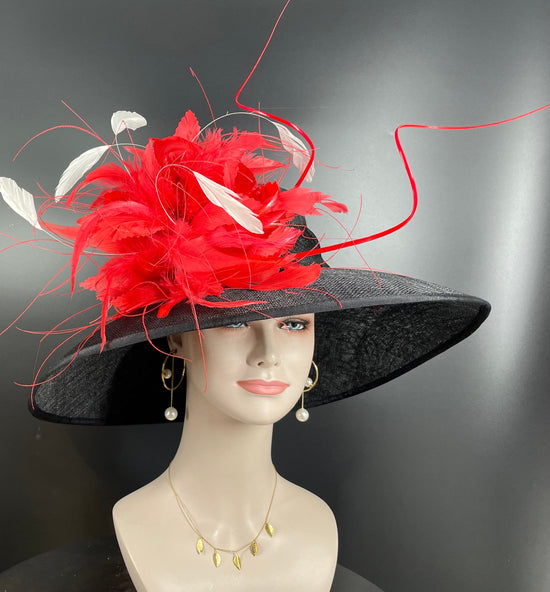 Wide Brim Sinamay Derby Hat: Black with Red Feather Flowers
