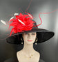 Wide Brim Sinamay Derby Hat: Black with Red Feather Flowers