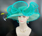 Turquoise Sinamay Derby Hat: Wide Brim Feather Church Wedding Hat