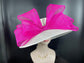 Wide Brim Sinamay Derby Hat: White Church Hat with Fuchsia Bow