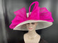 Wide Brim Sinamay Derby Hat: White Church Hat with Fuchsia Bow