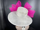 Wide Brim Sinamay Derby Hat: White Church Hat with Fuchsia Bow