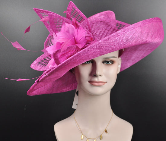 Hot Pink Sinamay Kentucky Derby Hat: Wide Brim Feathered Ascot Hat