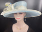 Church  Kentucky Derby Hat Carriage Tea Party Wedding Wide Brim Woman’s Royal Ascot Hat Horse Race Oaks day hatPowder blue Colorful Feathers