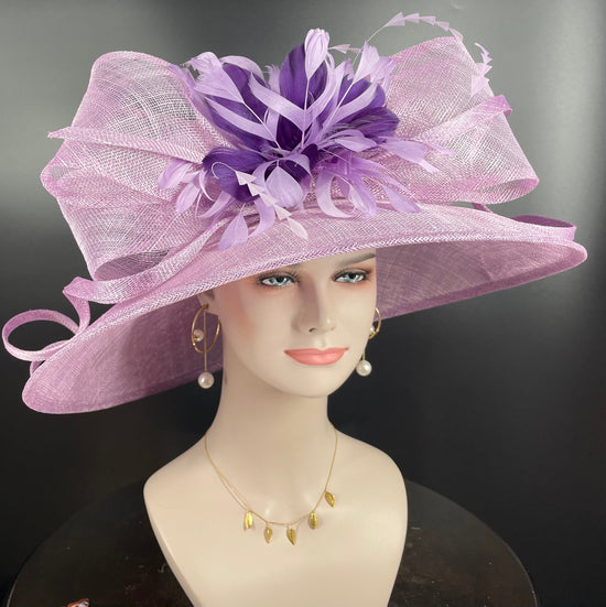 Lilac Sinamay Kentucky Derby Hat: Feather Flower Wide Brim Wedding Hat