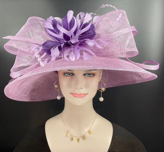 Lilac Sinamay Derby Hat: Feather Flower Wide Brim Wedding Hat
