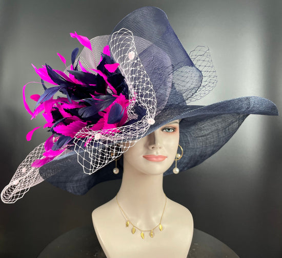 Navy Blue Sinamay Derby Hat: Pink Feather Flower, Jumbo Bows