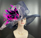 Navy Blue Sinamay Derby Hat: Pink Feather Flower, Jumbo Bows
