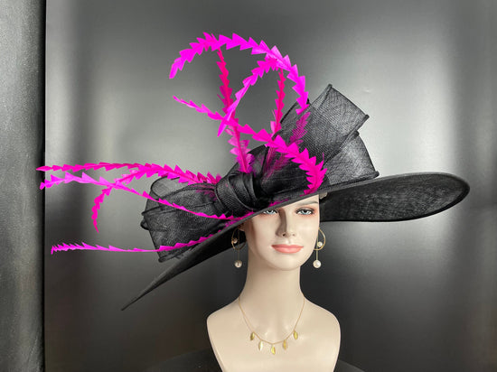 Wide Brim Kentucky Derby Hat: Black Feathered Ascot Hat