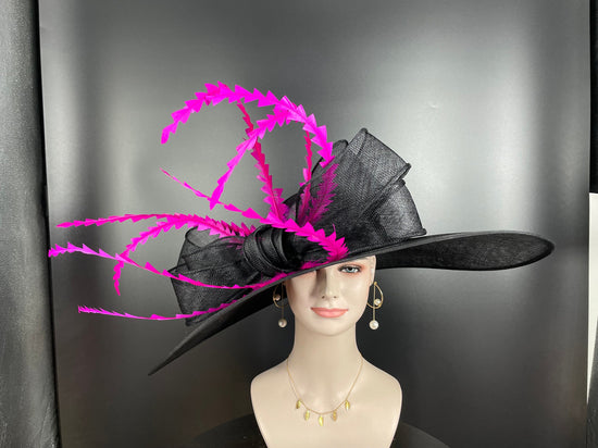 Wide Brim Derby Hat: Black Feathered Ascot Hat