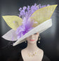 Wide Brim Sinamay Derby Hat: White, Lavender & Yellow Petal Design