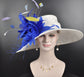 Sinamay Kentucky Derby Hat: White Wide Brim with Royal Blue Feathers