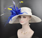 Sinamay Kentucky Derby Hat: White Wide Brim with Royal Blue Feathers