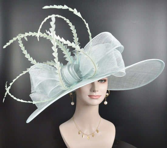 Powder Blue Derby Hat: Feathered Sinamay Bow Ascot Hat