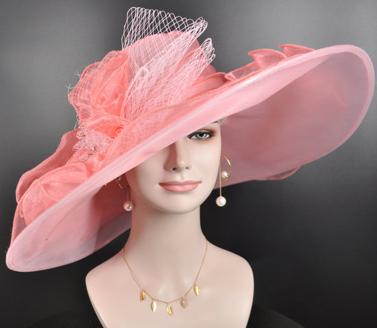 Wide Brim Kentucky Derby Hat, Ascot Hat for Wedding & Tea Party, Garden Party Hat, Mother of the Bride, Church Coral Pink