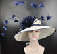 Wide Brim Sinamay Derby Hat: White w Navy Feather Flowers