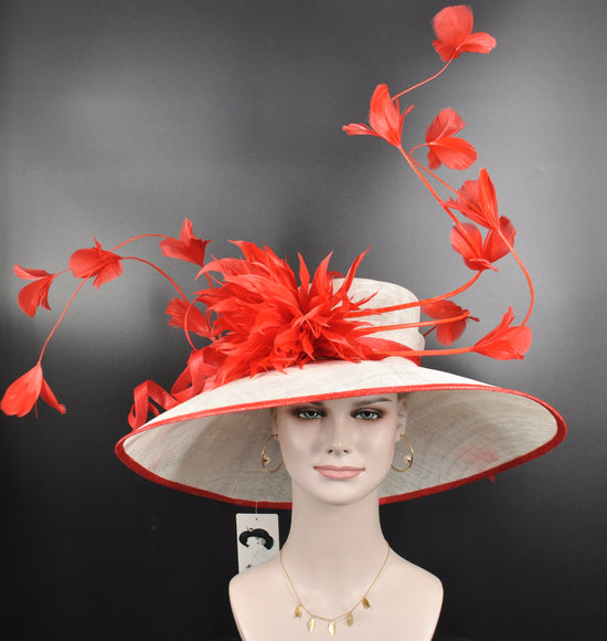 White Sinamay Derby Hat: Red Feather Church Hat