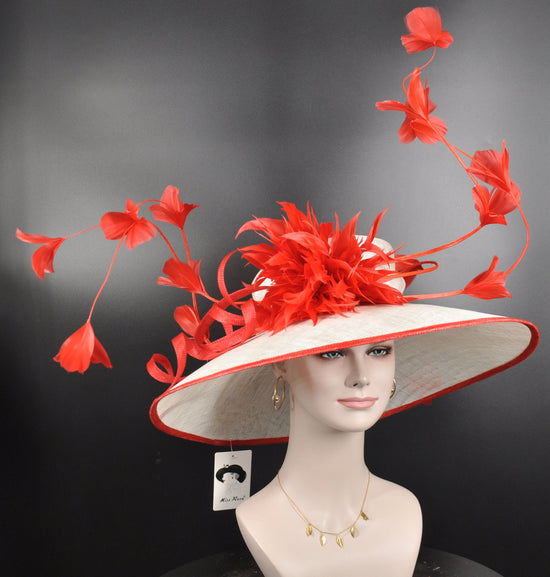 White Sinamay Kentucky Derby Hat: Red Feather Church Hat