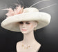 Wide Brim Sinamay Derby Hat: Blush Pink Feather Ascot Hat