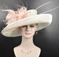 Wide Brim Sinamay Derby Hat: Blush Pink Feather Ascot Hat