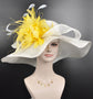 Wide Brim Sinamay Derby Hat: White & Yellow Feathered Church Hat