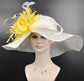 Wide Brim Sinamay Derby Hat: White & Yellow Feathered Church Hat