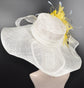 Wide Brim Sinamay Derby Hat: White & Yellow Feathered Church Hat