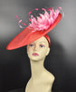 Red Sinamay Saucer Hat: Pink Jumbo Feather Flower, Kentucky Derby