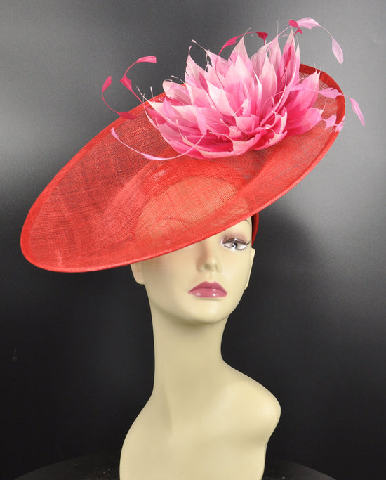 Red Sinamay Saucer Hat: Pink Jumbo Feather Flower, Kentucky Derby