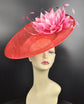 Red Sinamay Saucer Hat: Pink Jumbo Feather Flower, Kentucky Derby