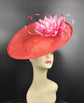 Red Sinamay Saucer Hat: Pink Jumbo Feather Flower, Kentucky Derby