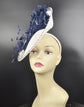 White Sinamay Fascinator Hat: Navy Feather Flower, Rhinestone Derby Hat